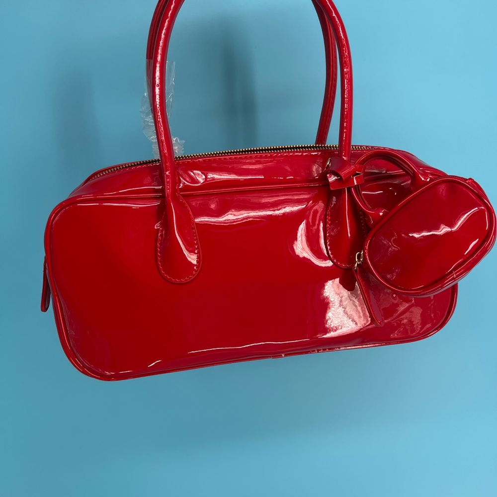 Vibrant Red Glossy Shoulder Bag with Cylindrical Design - Picture 9 of 9